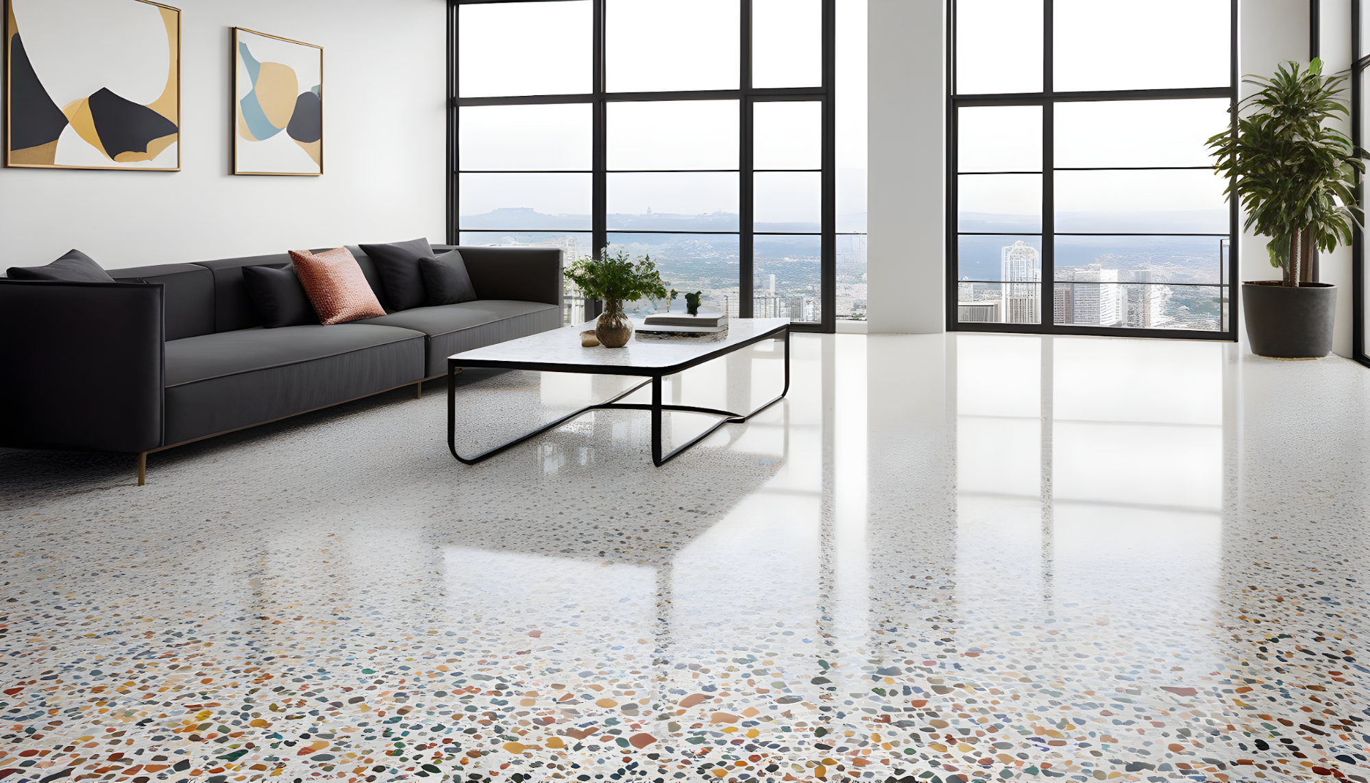 Living room with terrazzo flooring