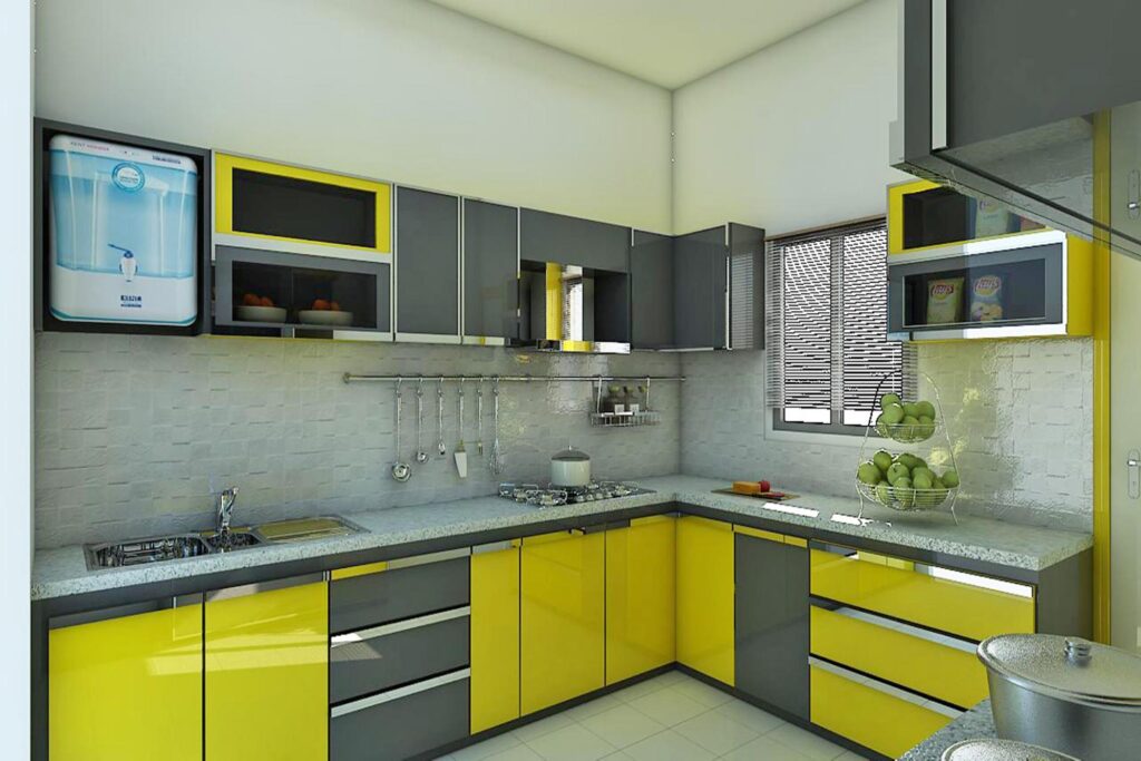 High gloss acrylic lamination elevating the looks of kitchen cabinets.