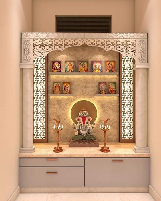 A delightful mandir design with all lord presents in one by painting drive