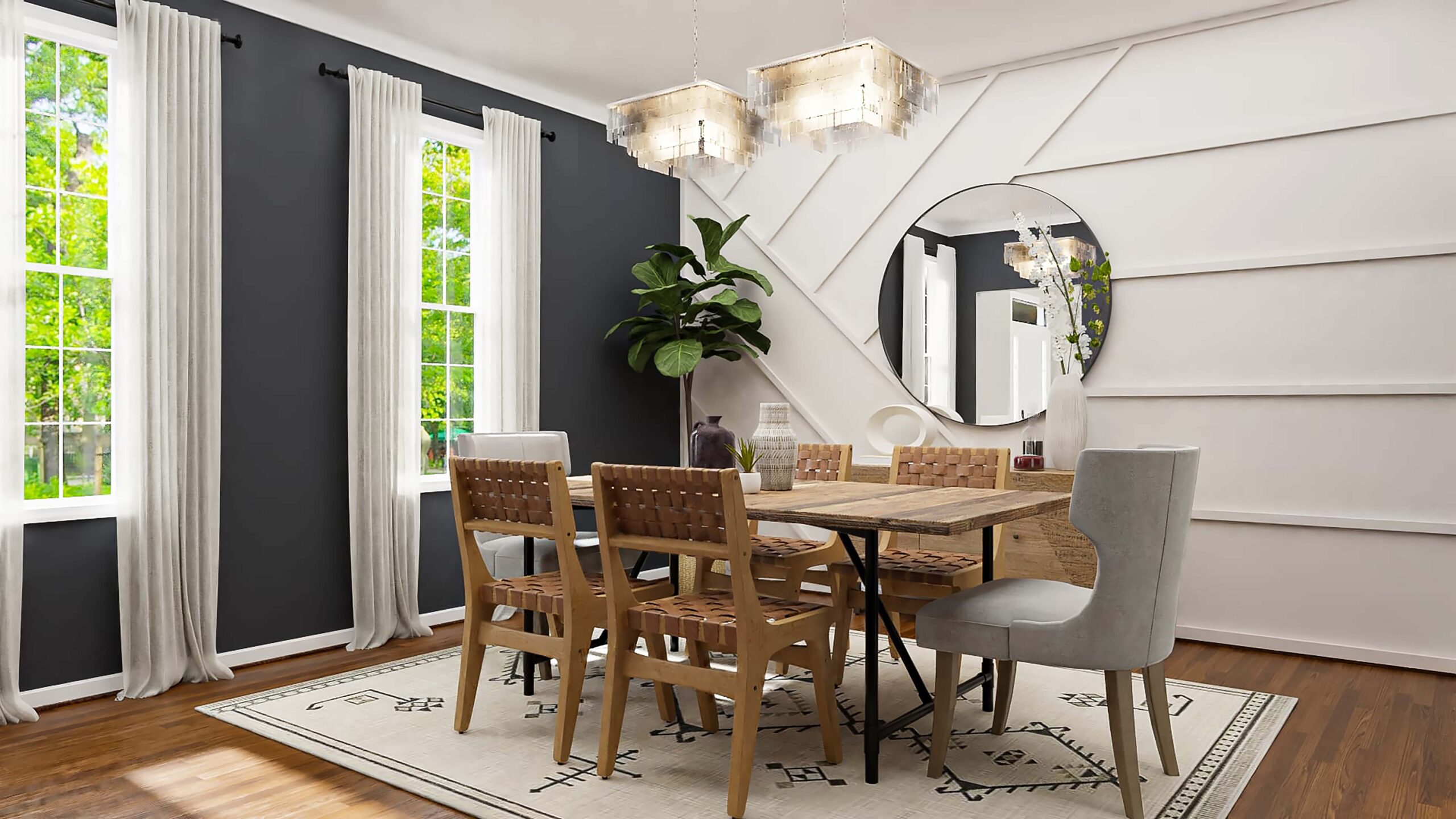 White black wall color with brown dinning room furniture